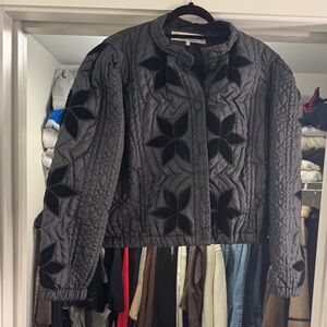 Free People Gray Quilted Jacket with Black Floral Design